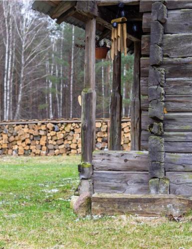 um alpendre de madeira de um chalé de madeira com uma parede em Pailseti Dzukijos gamtoje em Paliepis