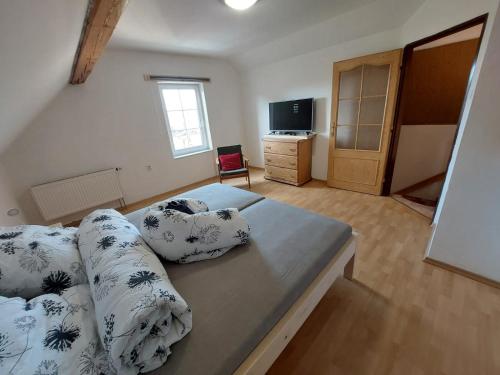 a bedroom with a bed with pillows and a television at Chalupa u Desné in Petrov nad Desnou