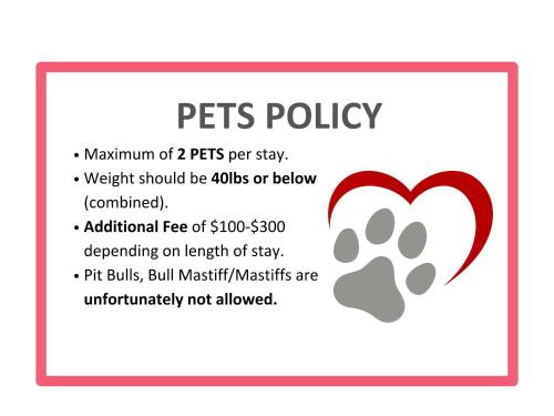 a pet policy card with a paw print at 22nd FL Bold CozySuites with pool, gym in Dallas