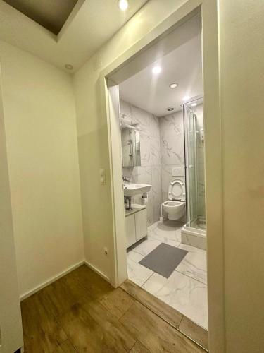 ein leeres Bad mit WC und Waschbecken in der Unterkunft AR Living Vienna Klosterneuburger Studios in Wien