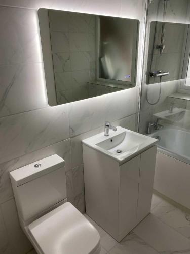 a bathroom with a toilet and a sink and a mirror at Stylish 2-Bed flat in North Leeds, great location in Leeds