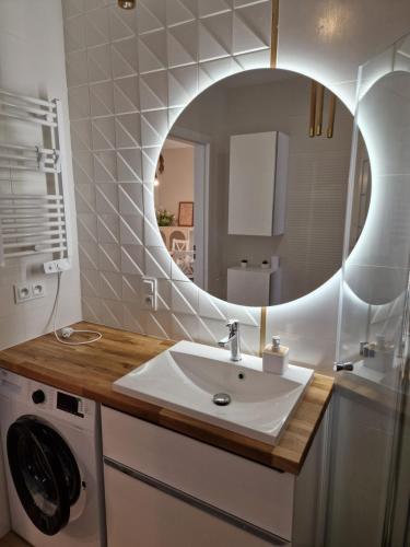 W łazience znajduje się umywalka i lustro. w obiekcie Baśniowy apartament w Sztutowie