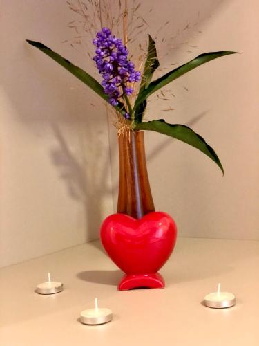 a red heart shaped vase with a flower in it at Hotel Natur Campeche in Florianópolis