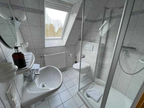 a bathroom with a shower and a sink and a toilet at Kapitänshaus " Passat " in Wittdün