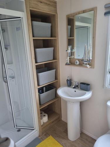 a bathroom with a sink and a shower at Luxury caravan and Tattershall lakes with private hot tub and WiFi in Tattershall