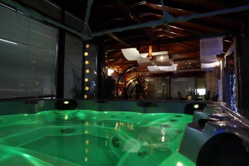 a large green tub in a room with windows at Barackos Wellness Villa Fót in Fót