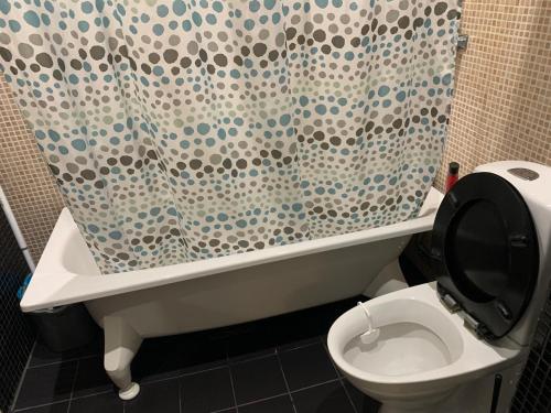 ストックホルムにあるBig apartment in Stockholm cityのシャワーカーテンとトイレ付きのバスルーム