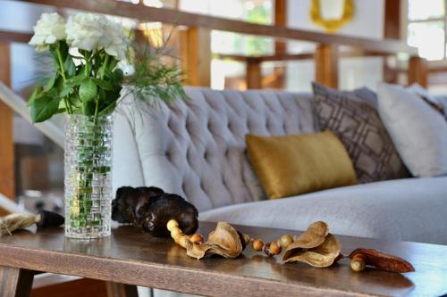 a vase of flowers on a table with a dog on a couch at Pousada Tajupá in Pirenópolis
