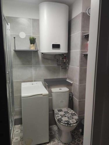 une petite salle de bain avec toilettes et lavabo dans l'établissement Studio plage de l'argentiére LA LONDE LES MAURES, à La Londe-les-Maures