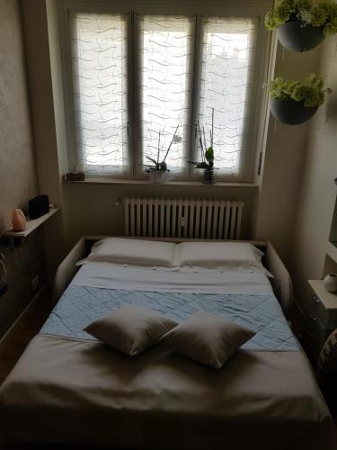 uma cama com duas almofadas num quarto com duas janelas em Langhe Beauty Apartament Experience 2 "wine" em Alba