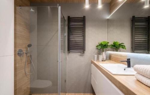 uma casa de banho com um chuveiro e um lavatório. em Reynk aparts em Breslávia