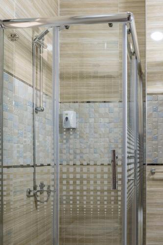 a shower with a glass door in a bathroom at El Lotus Building in Cairo
