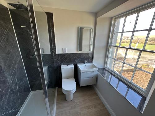 a bathroom with a toilet and a shower and a sink at Grindal - Executive Apartment Hotel in St Bees