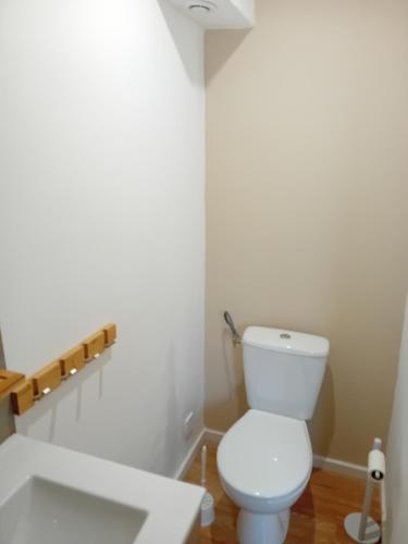 a bathroom with a white toilet and a sink at Chambre équipée in Languidic