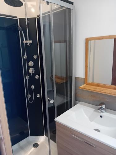 une douche avec une porte vitrée à côté d'un lavabo dans l'établissement Chambre équipée, à Languidic