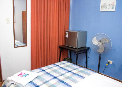 Habitación en Chiclayo (Santa Victoria) في تشيكلايو: غرفة نوم بها سرير ومروحة ومروحة