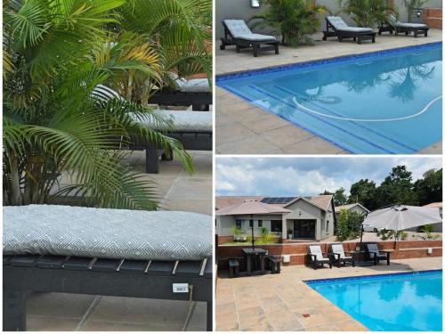 a collage of three pictures of a swimming pool at Vaendzi Lodge in Nelspruit