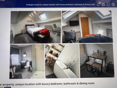 a collage of four pictures of a room at Tredegar property, unique location with luxury bedroom, bathroom & dining room in Sirhowy
