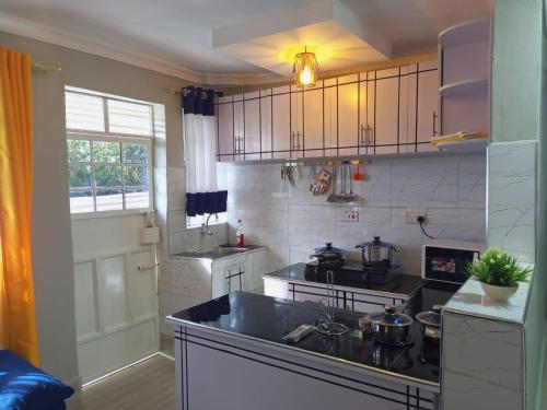 a kitchen with a sink and a stove top oven at Emerald Gardens Airbnb in Kitale