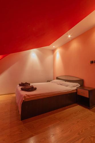 ein Schlafzimmer mit einem Bett und roter Decke in der Unterkunft Vila Mario in Galaţi