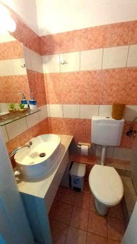 a bathroom with a white sink and a toilet at Στούντιο με θέα τη θάλασσα in Itea