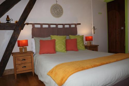 a bedroom with a large bed with colorful pillows at L'autre Monde Chambres D'hôtes in Faverolles