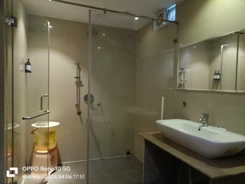 een badkamer met een wastafel en een glazen douche bij Sher-E-Punjab in Calcutta