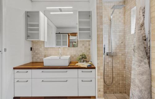 Cozy Home In Lemvig With Kitchen في ليمفج: حمام أبيض مع حوض ودش