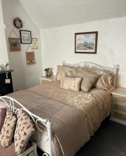 um quarto com uma cama grande com almofadas em Carrick Cottage - Mourne Mountains em Annalong