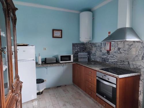 uma cozinha com paredes azuis e um frigorífico branco em Vivenda Casa da Fraga em Alijó