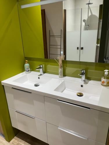 a bathroom with two sinks and a large mirror at CERES HOME in Montierchaume