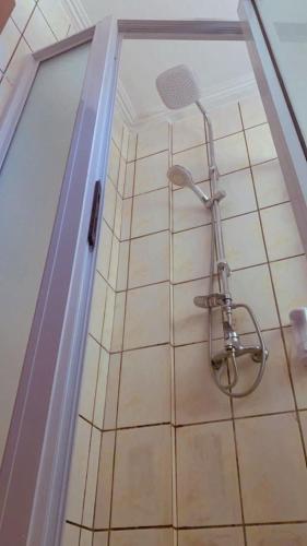 eine Dusche im Bad mit Fliesenboden in der Unterkunft Résidences hôtelières Micheline et Emile BASTOS in Jaunde