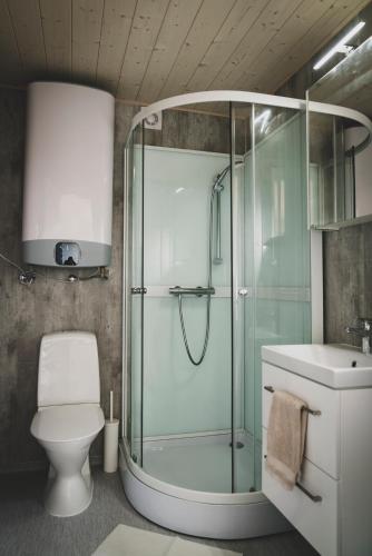 a bathroom with a glass shower and a toilet at Skógsnes II in Selfoss