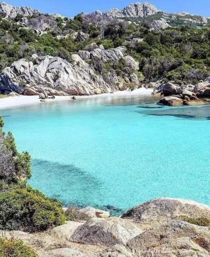 a beach with blue water and some rocks at Casa Gió Grazioso Appartamento a Porto Cervo in Liscia di Vacca