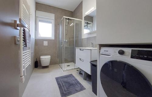 La salle de bains est pourvue d'une douche, d'un lavabo et de toilettes. dans l'établissement 2 Bedroom Beautiful Apartment In Plomin Luka, à Plomin