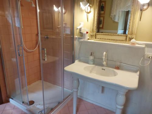 a bathroom with a sink and a shower at Una Franca Camere Di Charme in Biella