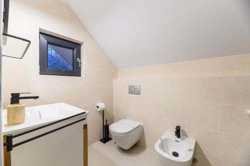 a bathroom with a toilet and a sink and a window at Doftana Lake House in Teşila