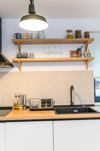 a kitchen with a sink and a counter top at Doftana Lake House in Teşila