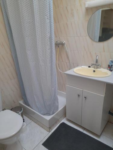 une salle de bain avec un rideau de douche et un lavabo dans l'établissement La maison bleue, à Palavas-les-Flots