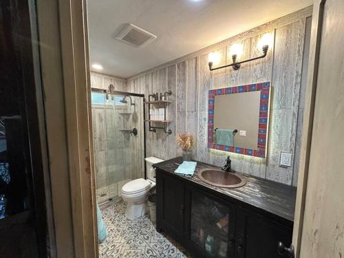 a bathroom with a sink and a toilet and a mirror at Bonanza Barn Retreat in Loomis