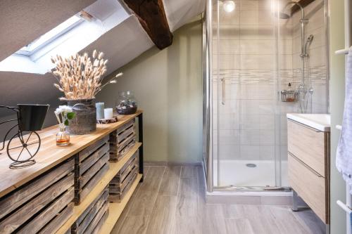 een badkamer met een douche en een wastafel bij Wine-grower's House At Pras-burgundy in Genouilly