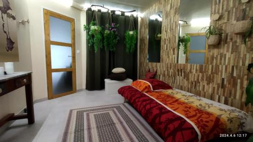 a bedroom with a large bed and a mirror at L'Ostal Randoleta in Abeilhan