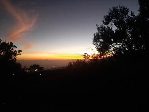 a sunset on a hill with trees in the foreground at Bungalow Tillandsia in Le Tampon