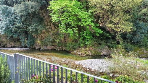 a fence next to a river with trees and plants at Nanin's Home in Sori