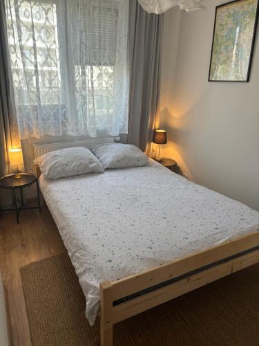 sypialnia z dużym łóżkiem i oknem w obiekcie Apartament NANO z klimatyzacją w mieście Giżycko