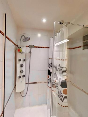 une salle de bain avec une douche avec un rideau de douche dans l'établissement Le Victor Hugo de la Robine, à Narbonne