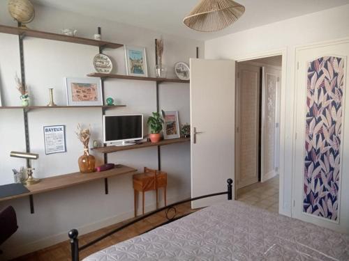 a bedroom with a bed and shelves and a television at Le Vintage 14 in Bayeux