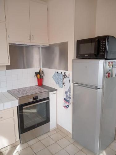 une cuisine avec un réfrigérateur et un micro-ondes dans l'établissement Le Vintage 14, à Bayeux