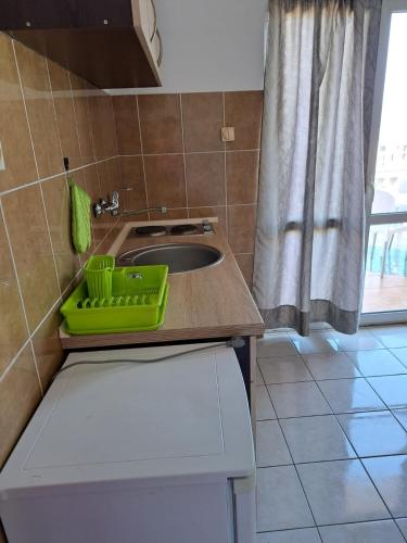 eine Küche mit einem Waschbecken und einem grünen Tablett auf der Theke in der Unterkunft Apartmani Family in Dobra Voda