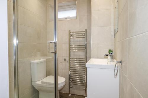a bathroom with a toilet and a sink and a shower at 5 The Cuckmere in Seaford